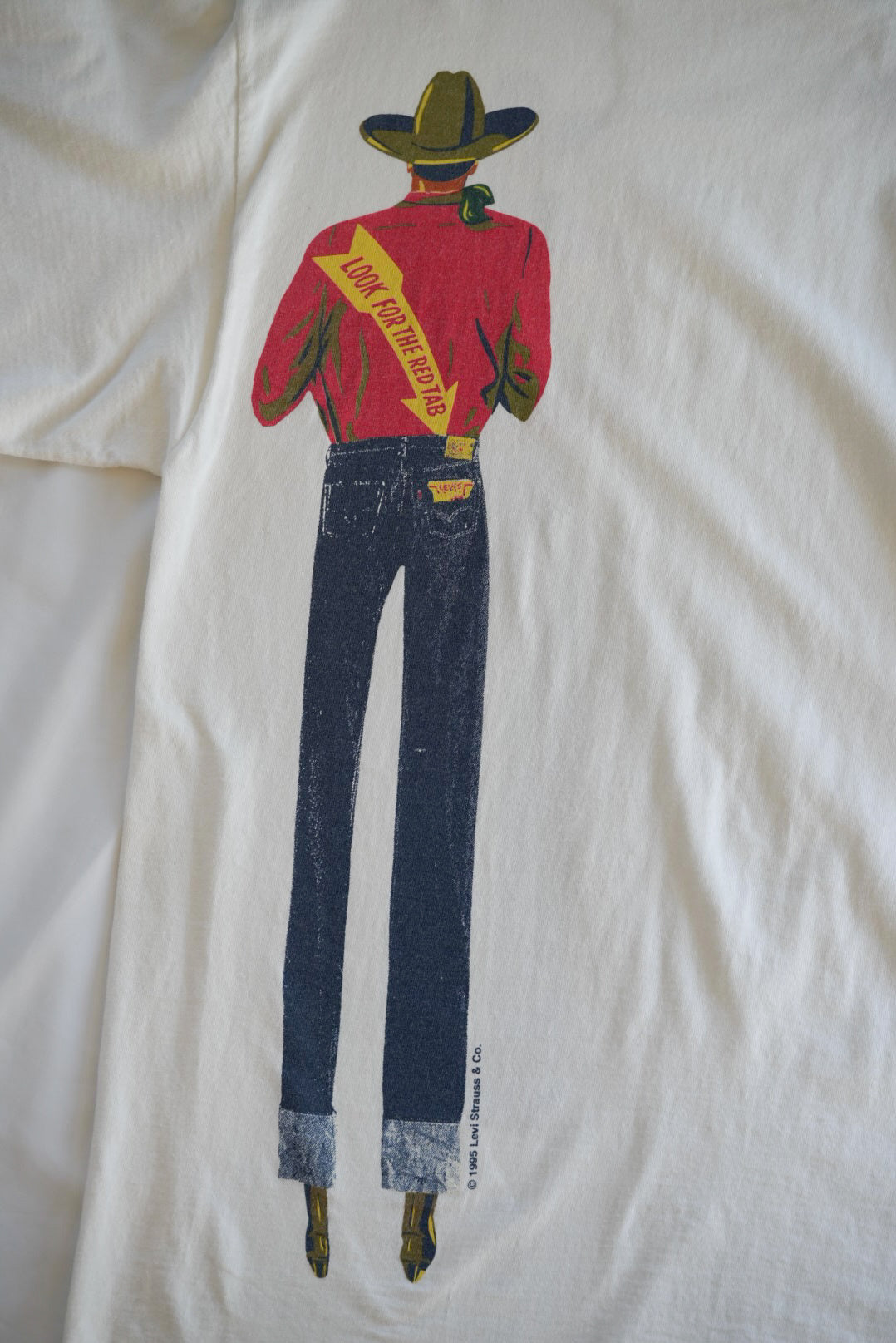 90's Levi's AMERICA'S FINEST OVERALL Saddle Man print T-shirt made in USA.