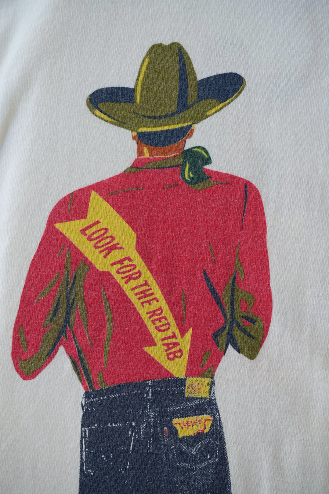 90's Levi's AMERICA'S FINEST OVERALL Saddle Man print T-shirt made in USA.