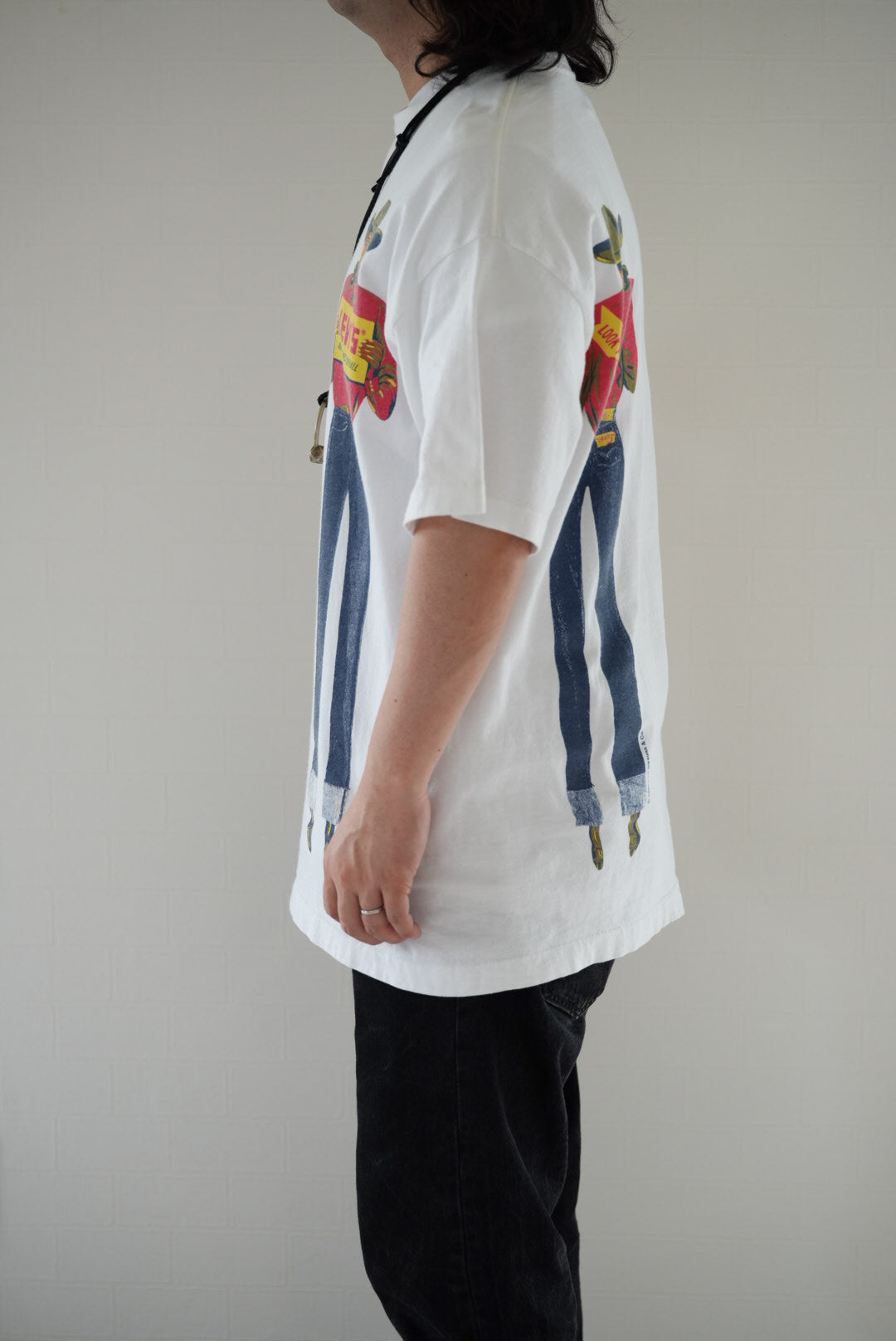 90's Levi's AMERICA'S FINEST OVERALL Saddle Man print T-shirt made in USA.